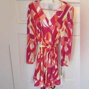 Nicole Miller Colorful Geometric Long Sleeve Dress, Size S, NWT
